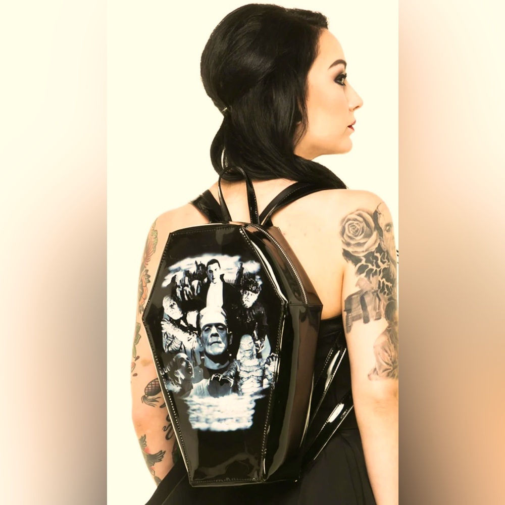 Universal Monsters Monster Collage Coffin Backpack by Rock Rebel Patent Black